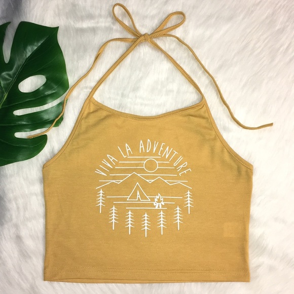 Tops - Geo print mountain scenery halter crop top